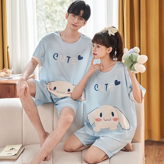 ◄☏Yugui dog couple pajamas women s summer ice silk thin cute cartoon big-eared dog home service men
