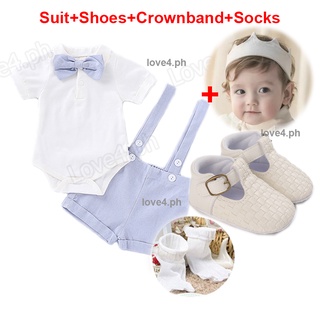5pcs Set Baby Boy Outfit Baby Boy Baptism Outfit New Born Baptismal Set for Boy White Romper with Suspender Pants Shoes Crown Headband