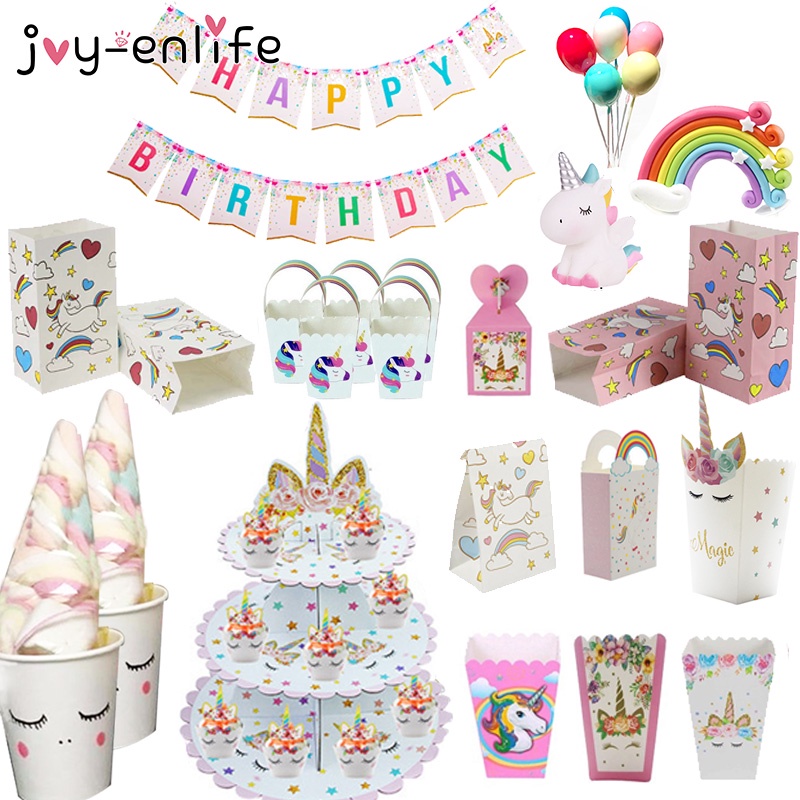 50pcs Plastic Gift Cookie Bag Unicorn Party Paper Popcorn Box Candy Bags Gift Box Rainbow Cake Toppe