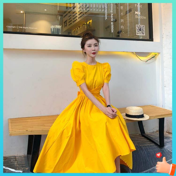 eyelet dress filipiniana dress Yellow dress female summer mid length