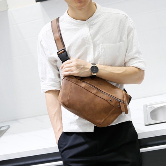 D&M Shoulder Crossbody Bag Leather Sling Premium Pack Crazy Horse Skin Texture Smooth Brown 4L Capacity