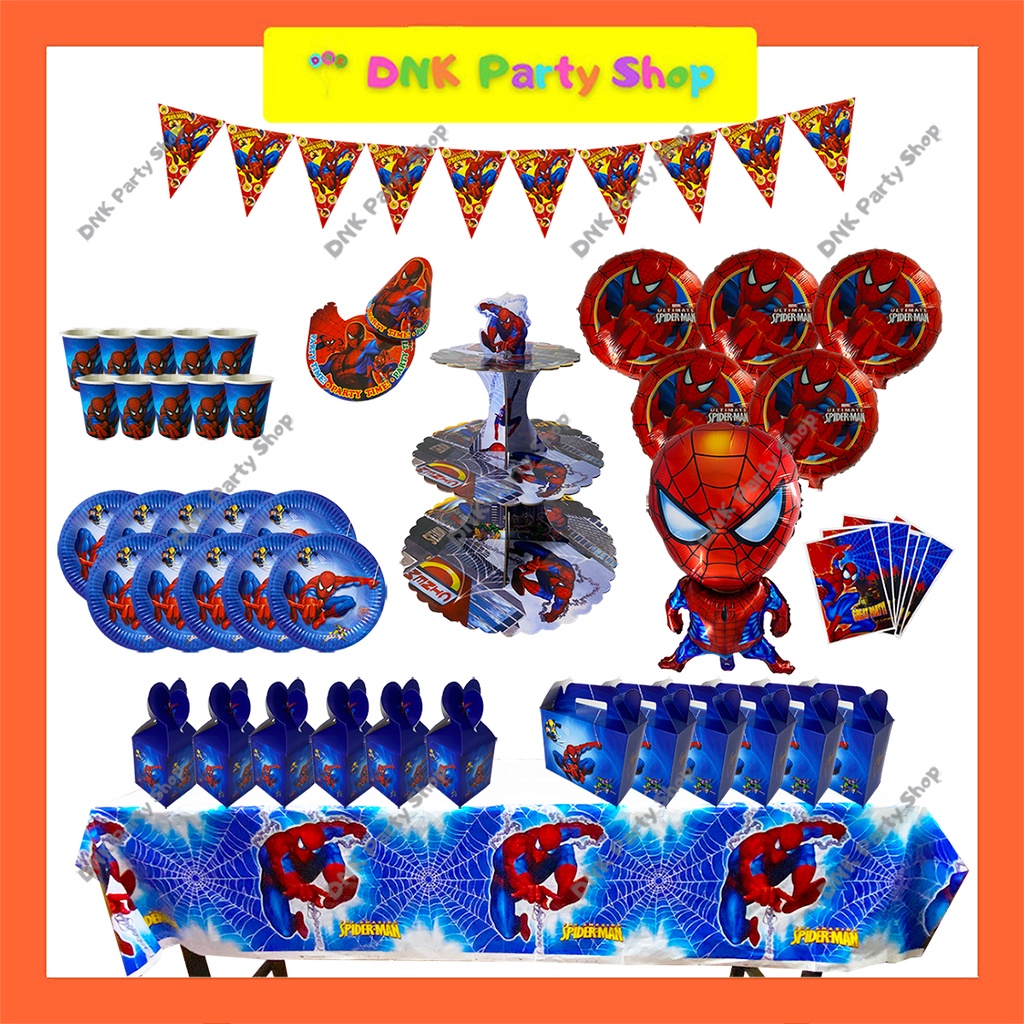 Spiderman Party Decor Banner Banderitas Box Loot Bags Cupcake Stand Cups Foil Balloons Spider man