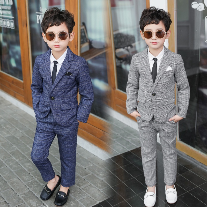 Kids Boys Suit Formal Attire Plaid Blazer Pants Suits Set Gentleman