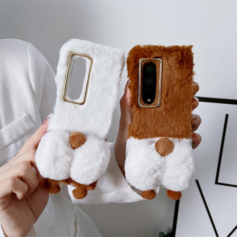 Cute Corgi Warm Furry Case For Samsung Galaxy Z Fold 3 4 5g Fluffy 