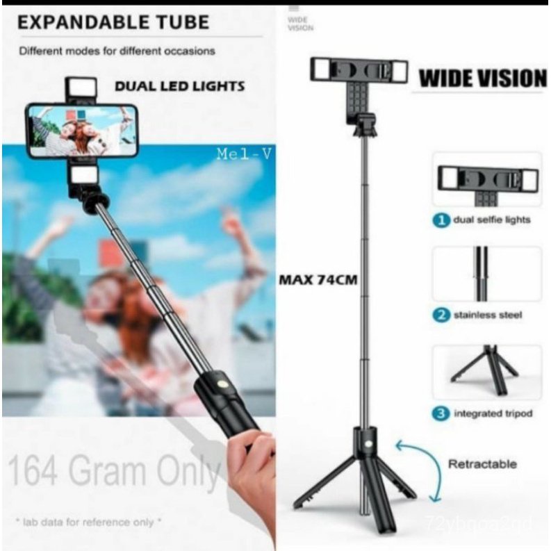 Selfi Stick 3 In 1 Tripod K12d Bluetooth Tongsis Dual Led Remote Tripod