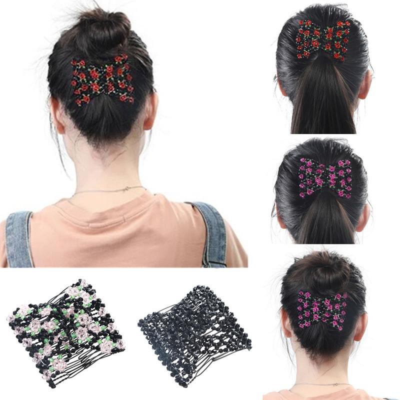 Flower Bead Stretchy Hair Combs Double Magic Clip Hairpins | Shopee  Philippines
