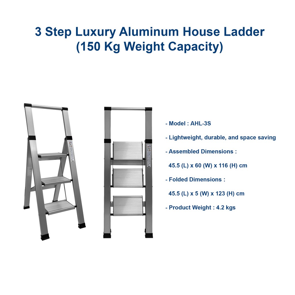 AHL-3S 3 Step Luxury Aluminum House Ladder (150 Kg Weight Capacity ...
