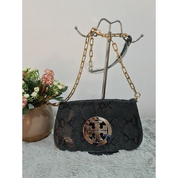 Tory Burch Reva phyton or snake skin clutch and shoulder chain | Shopee  Philippines