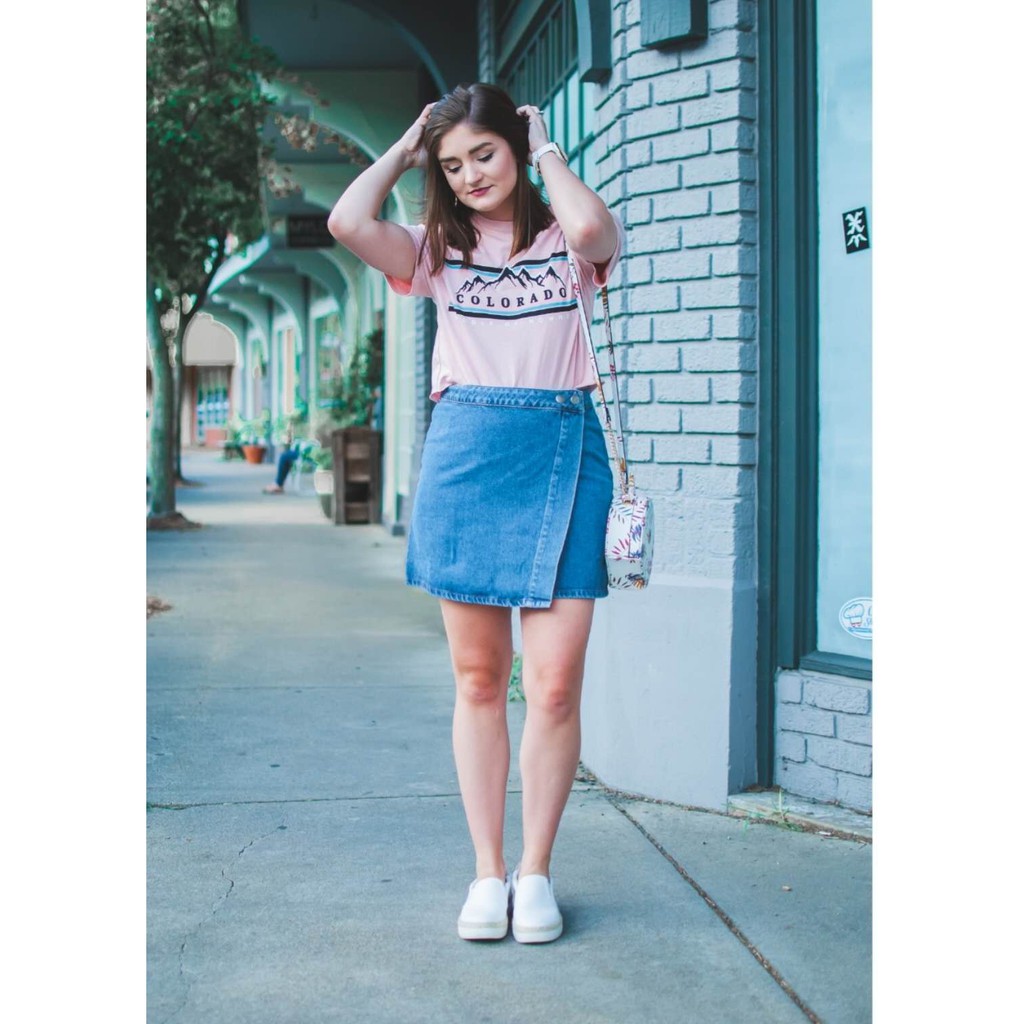top and denim skirt