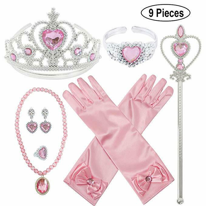 9PCS Princess Dress Up Jewelry Accessories for Girls Silver Elsa Crown and Tiaras for Kids Costume Dress Up Set Necklace Earrings Set Magic Wand Rings Bracelets for Cos-play Party Birthday Gifts 
