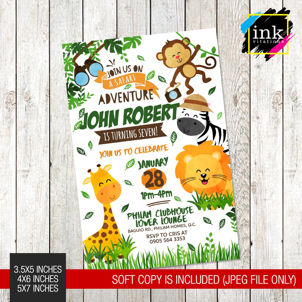 wild animals safari themed printed birthday invitation print