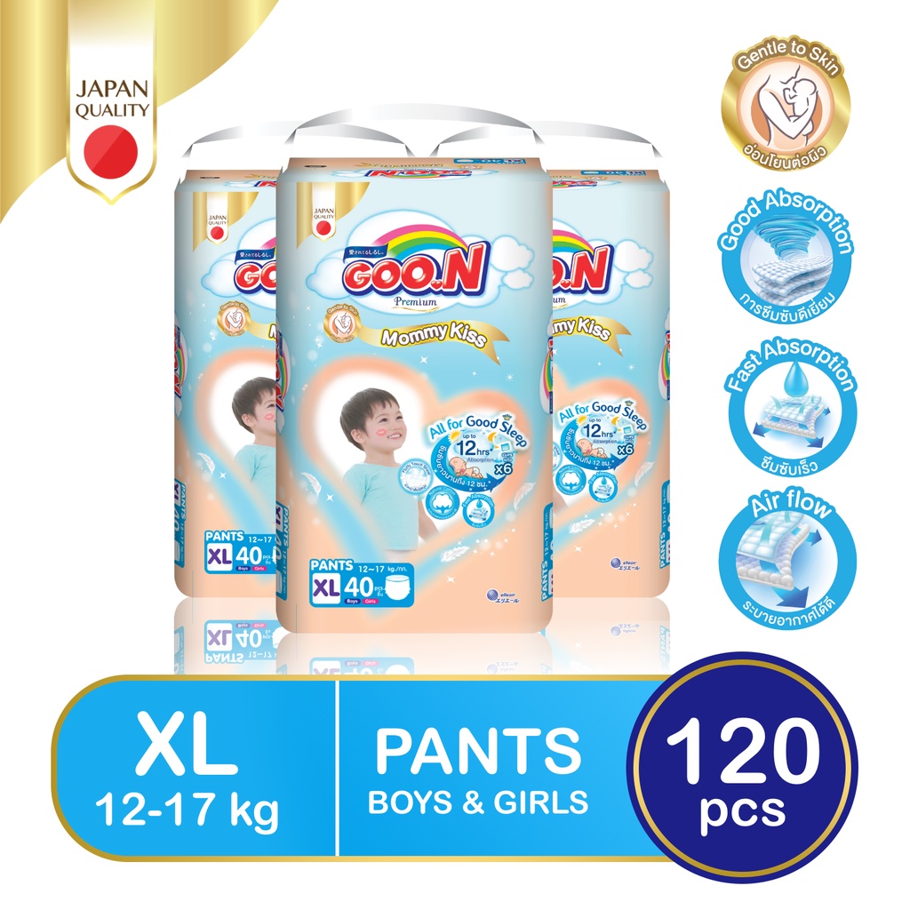 GOO.N Premium Mommy Kiss Diaper Pants XL40 x 3 Packs (120 pads ...