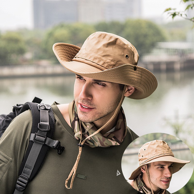 wide brim sun hat with chin strap