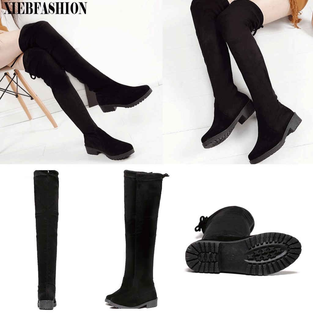Women Scrub Suede Side Zip Over The Knee Martin Boots Burning Flower Craft Shoes