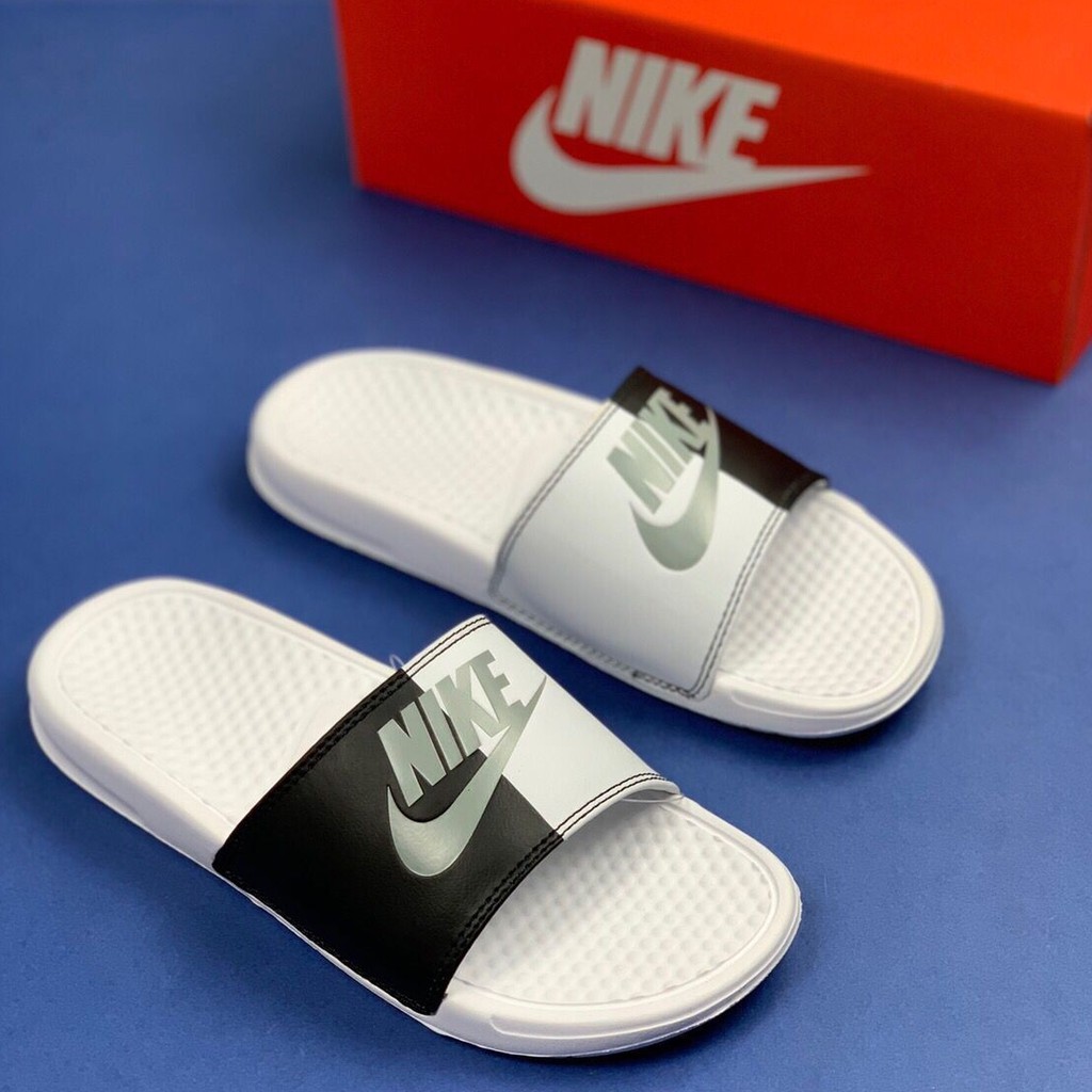 nike slippers black and white