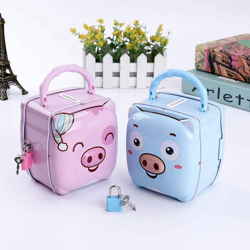 Cute piggy bank tinplate metal piggy bank with lock key children tin