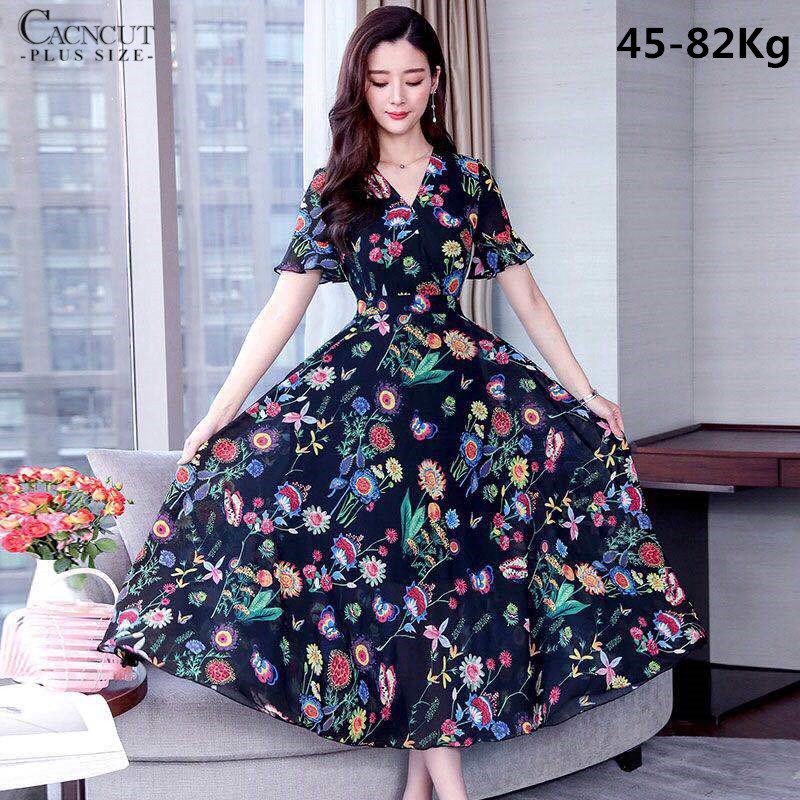 Oversized Women Dress Short Sleeve V Neck Floral Elegant Women Long One Piece Slack Shopee Philippines