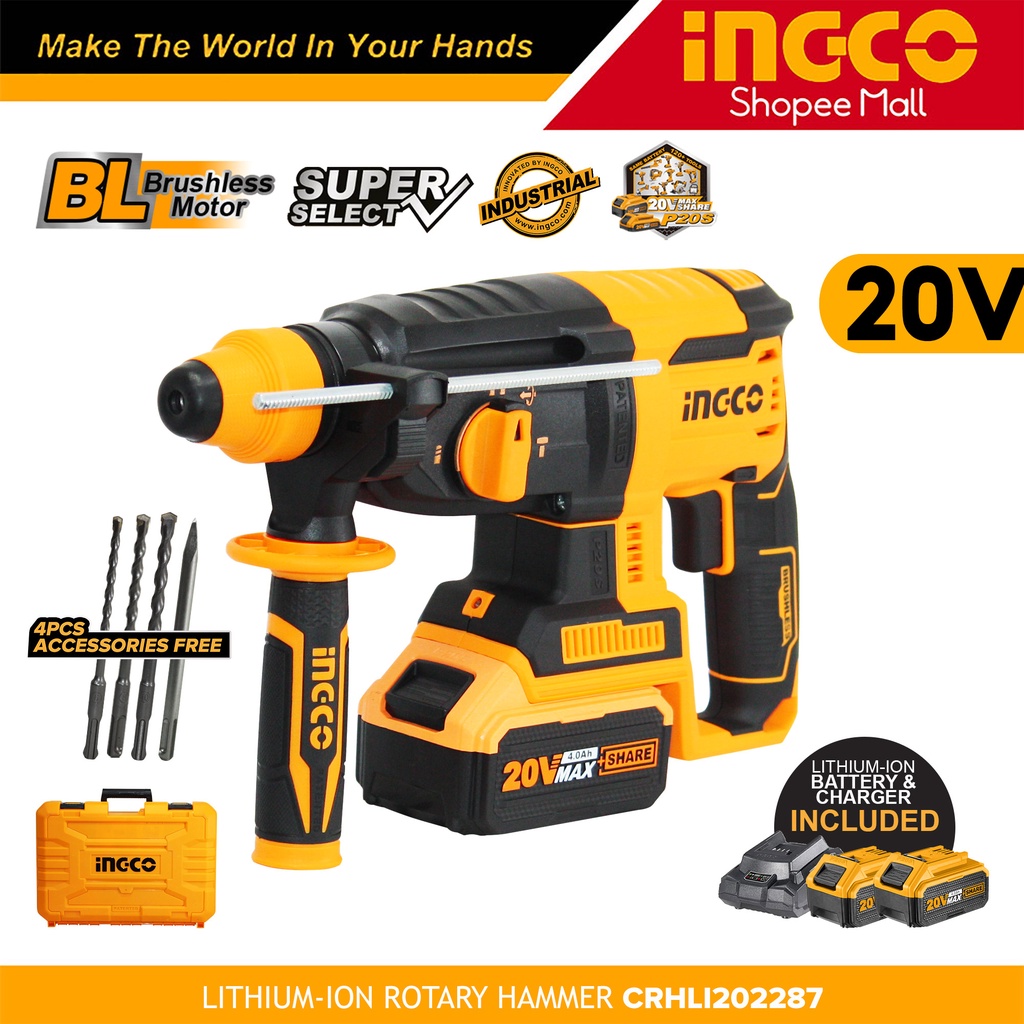 INGCO CRHLI202287 Cordless Rotary Hammer Drill Driver 20V with Battery