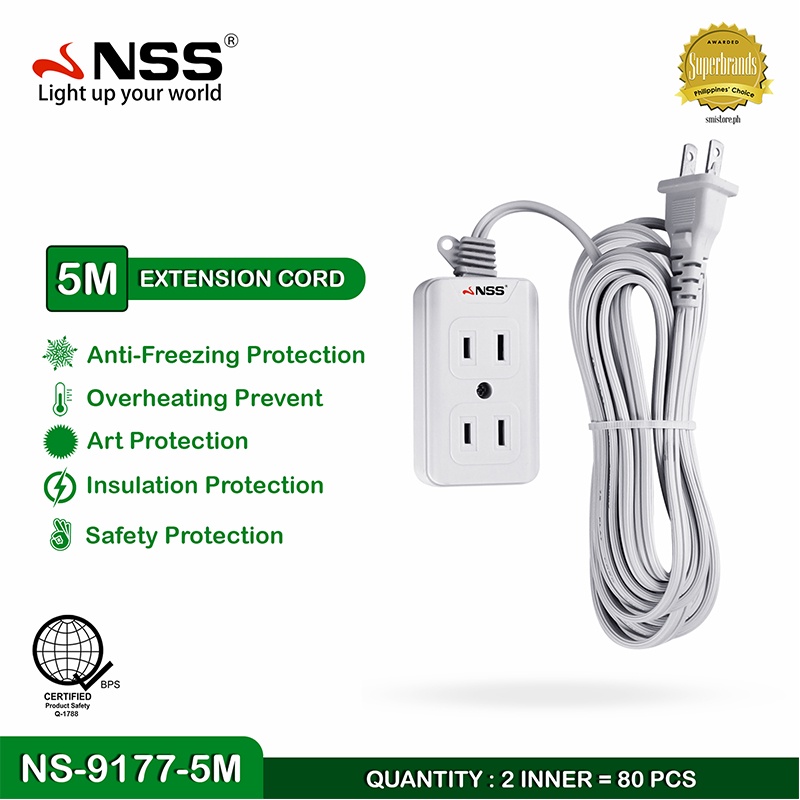 NSS Power Strip Surge Protector Extension Cord with 2 Outlets 5m Power