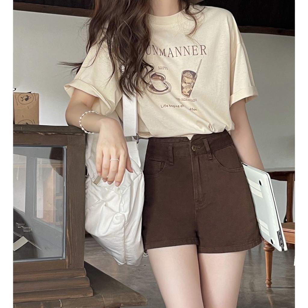 Hot girl retro brown shorts female high waist is thin 2022 summer new  American diagonal denim casual pants ins | Shopee Philippines