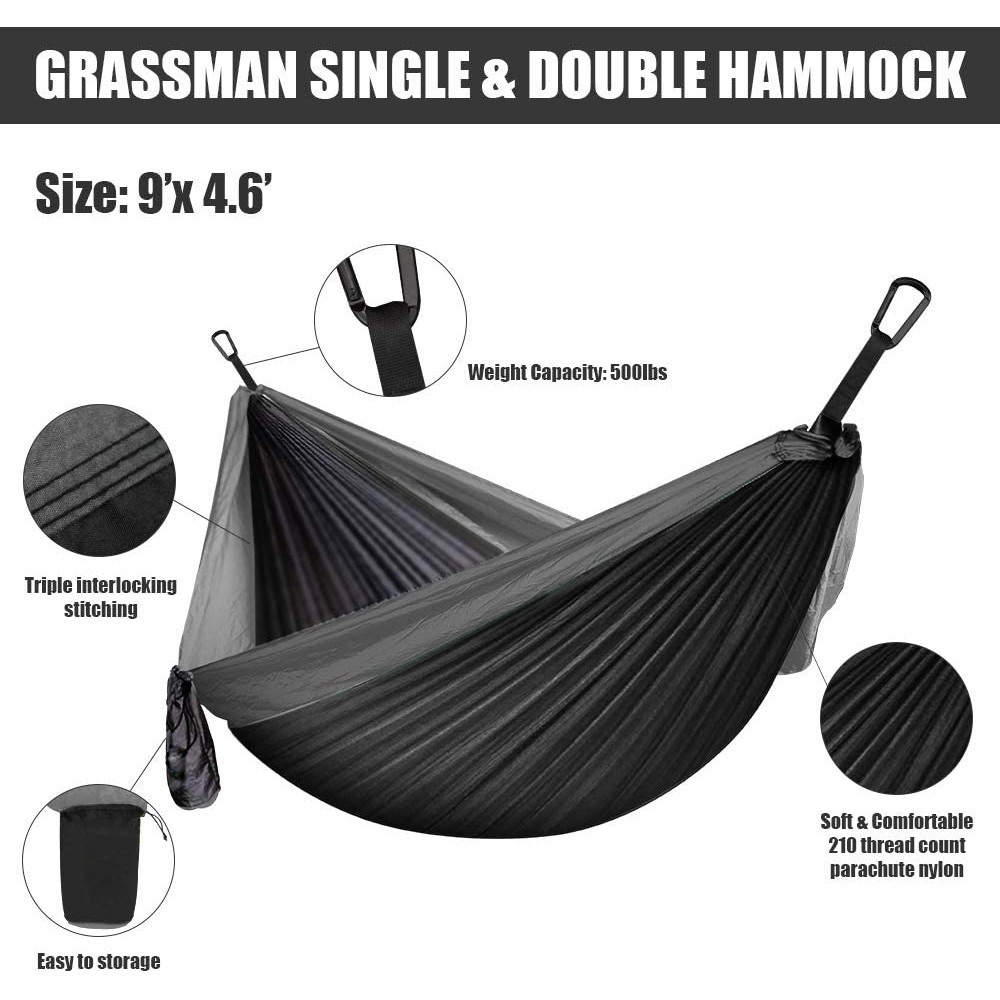 Grassman Camping Hammock Double & Single Portable Hammock with Tree Ropes Lightweight Nylon Parachute Hammocks 
