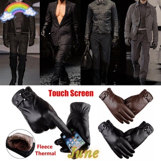 JUNE Black Leather Gloves Waterproof Touch Screen Fleece Thermal Winter Warm Windproof Full Finge Men's Driving Gloves