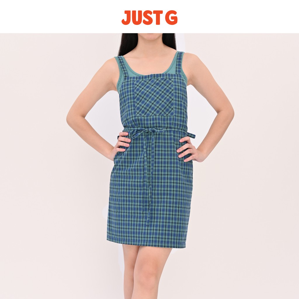 blue plaid apron dress