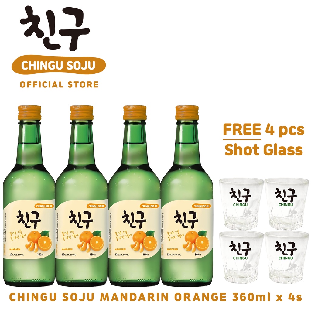 Chingu Soju Mandarin Orange 360ml 4 Bottles With 4 Soju Glasses