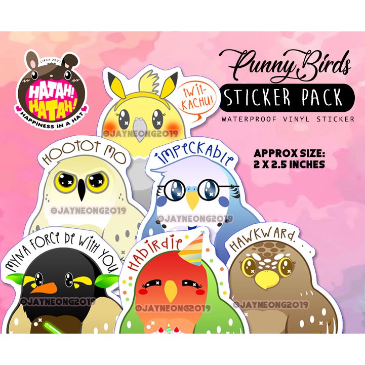 Punny Birds Sticker Pack (Waterproof) hawk budgie cockatiel love bird ...