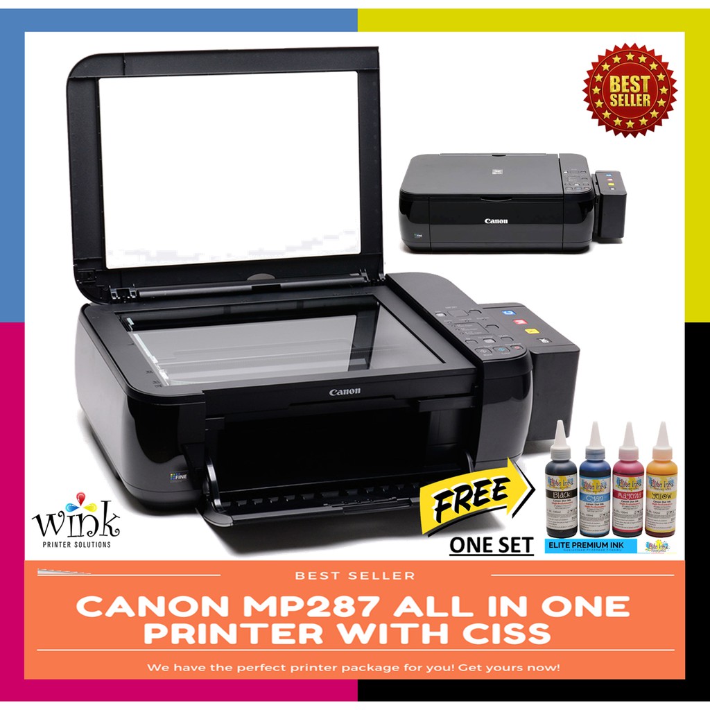 Canon Mp287 All In One Printer W Ciss And Elite Premium Inks Plus Free Extra 1 Set Elite Inks 0589