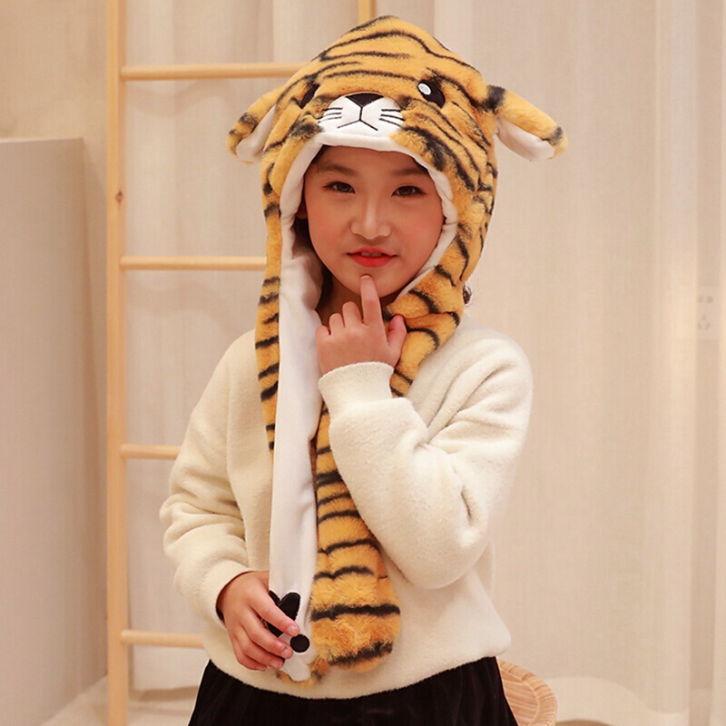 Fuzzy Caps Tiger Head-Shaped with Moving Ears Pinching Paws Caps Semi-Covering Warm Plush Animal Ear