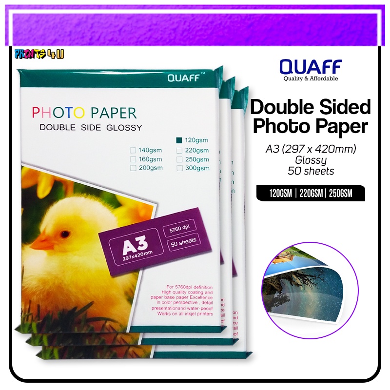 Quaff A3 Size Double Sided Glossy Photo Paper 120gsm 220ggsm 250gsm 50 Sheets Pack 7869