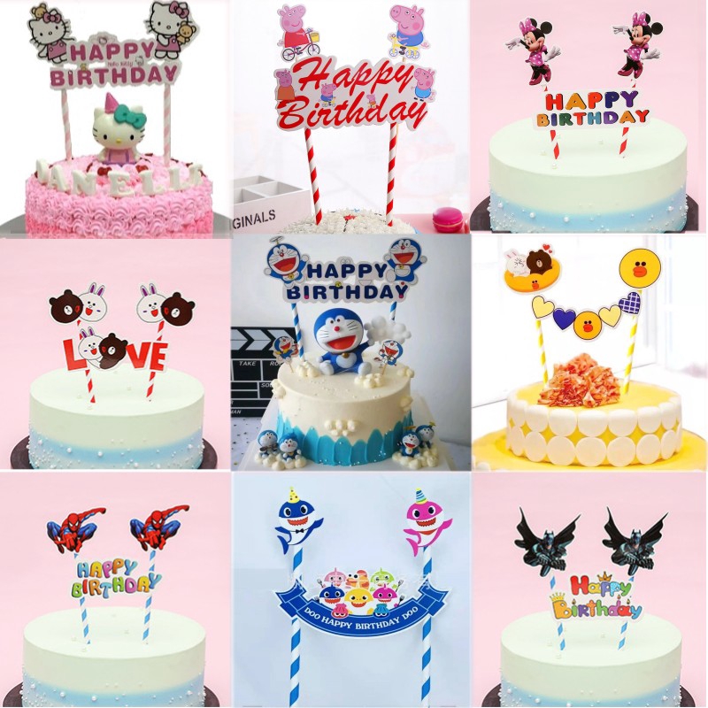 Happy Birthday Banner Cake Topper Cartoon Theme Happy Birthday Cake Topper Flags Paper Straw Banner Birthday  Party Supplies | Shopee Philippines