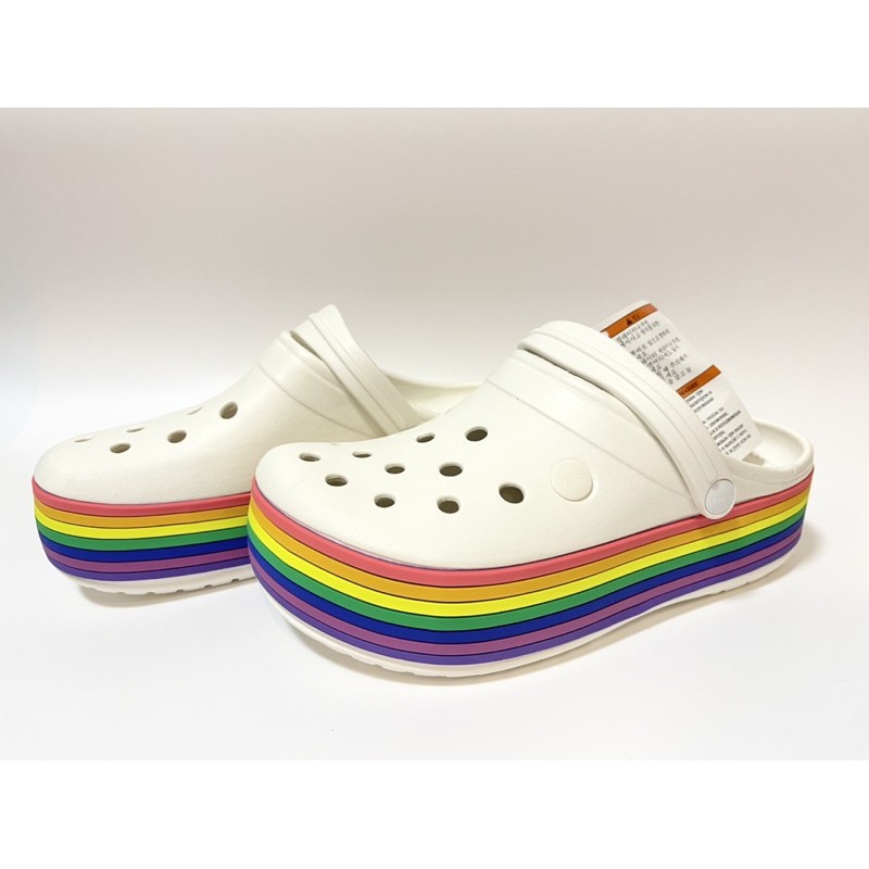 white rainbow platform crocs
