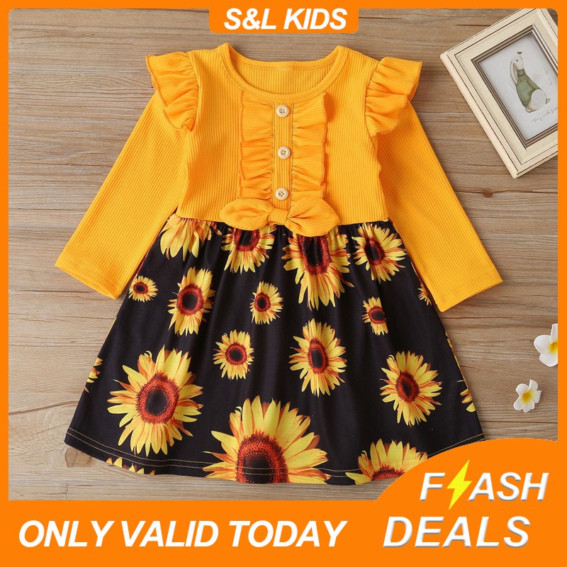 OOTD Kids Dress 2020 Toddler Dress Sunflower Dress for Kids Yellow Long ...