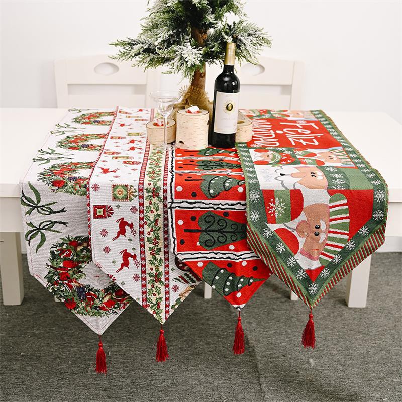 Green Merry Christmas Snowflake Long Cotton Linen Table Runner Cloth Home Decor