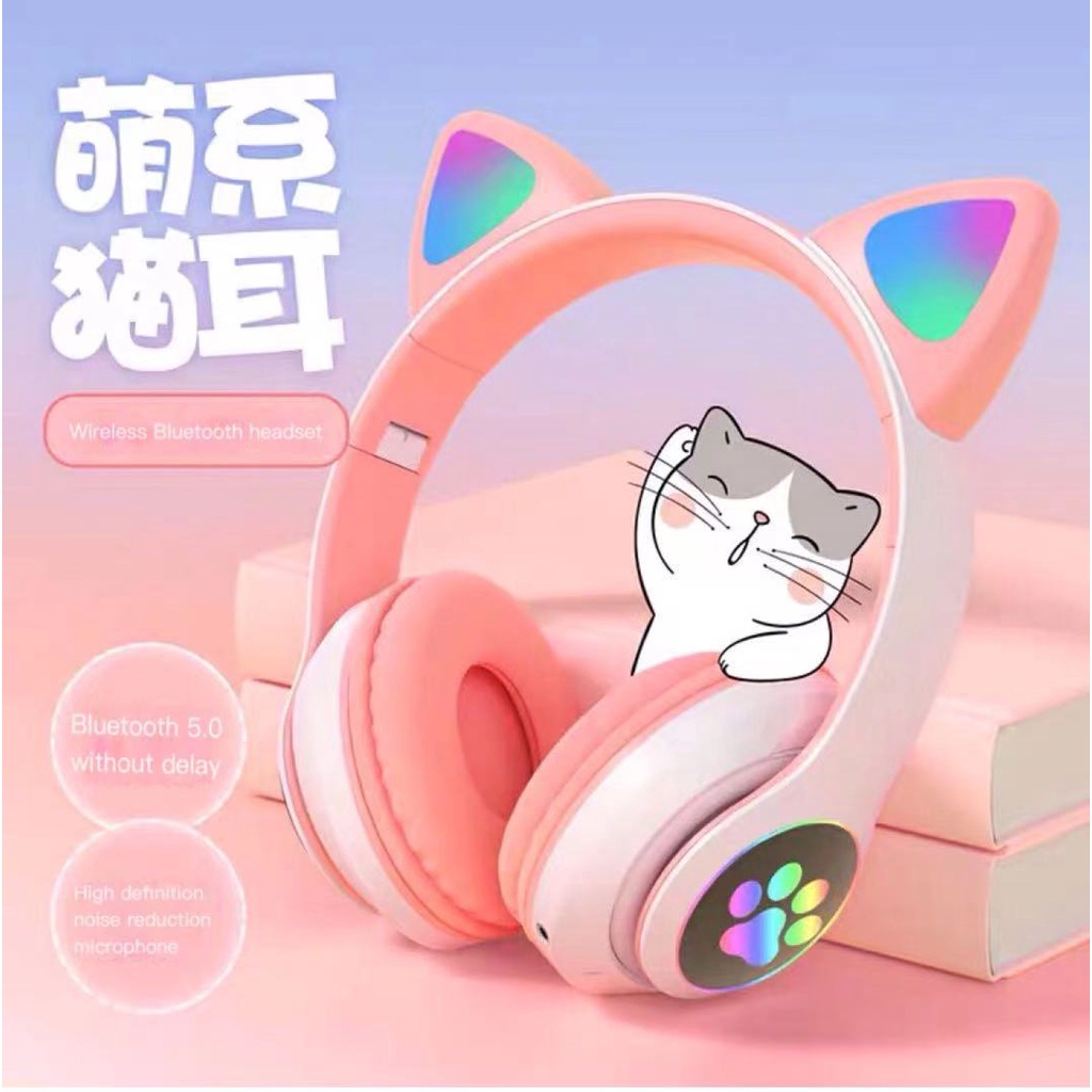 Cat Ear Headphones Bluetooth Wireless Headsets built-in mic headphone ...