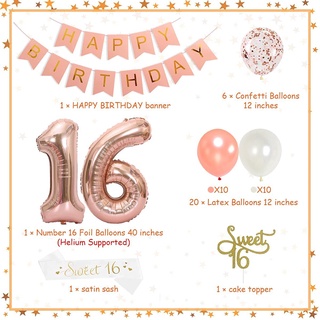 JOYMEMO 16th Birthday Decorations for Girls Sweet 16 Cake Topper and Satin Sash, Rose Gold Number 16 Balloons, Confetti Balloons and Happy Birthday Banner for Sixteen Party Supplies #8
