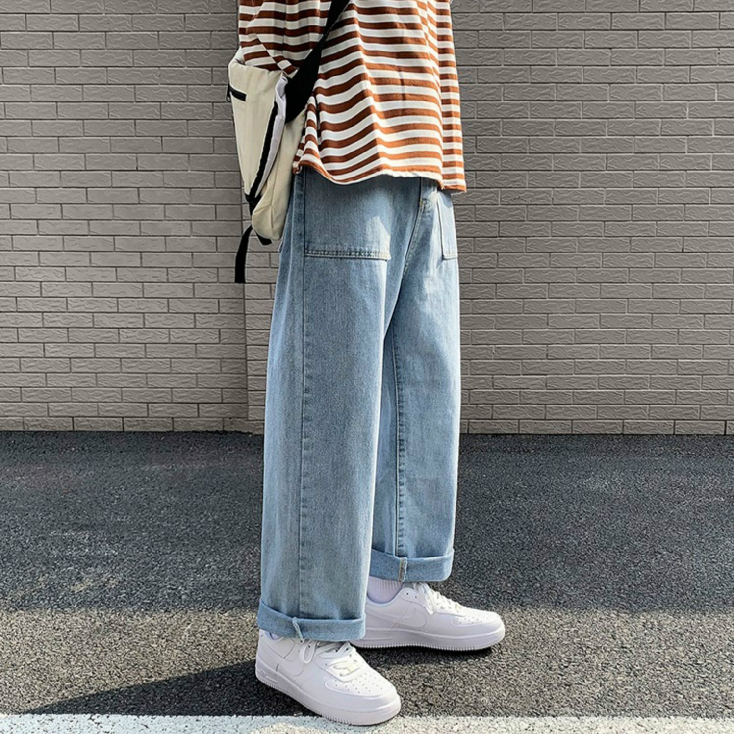 Simple Personality Jeans Men Loose Wide Leg Trousers Male Korean Style