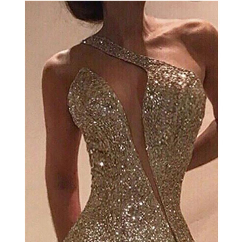 glitter cut out sleeveless slit sequins dress