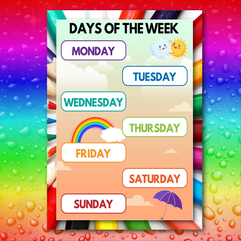 Wall Chart Days of the week Educational poster Learning chart laminated