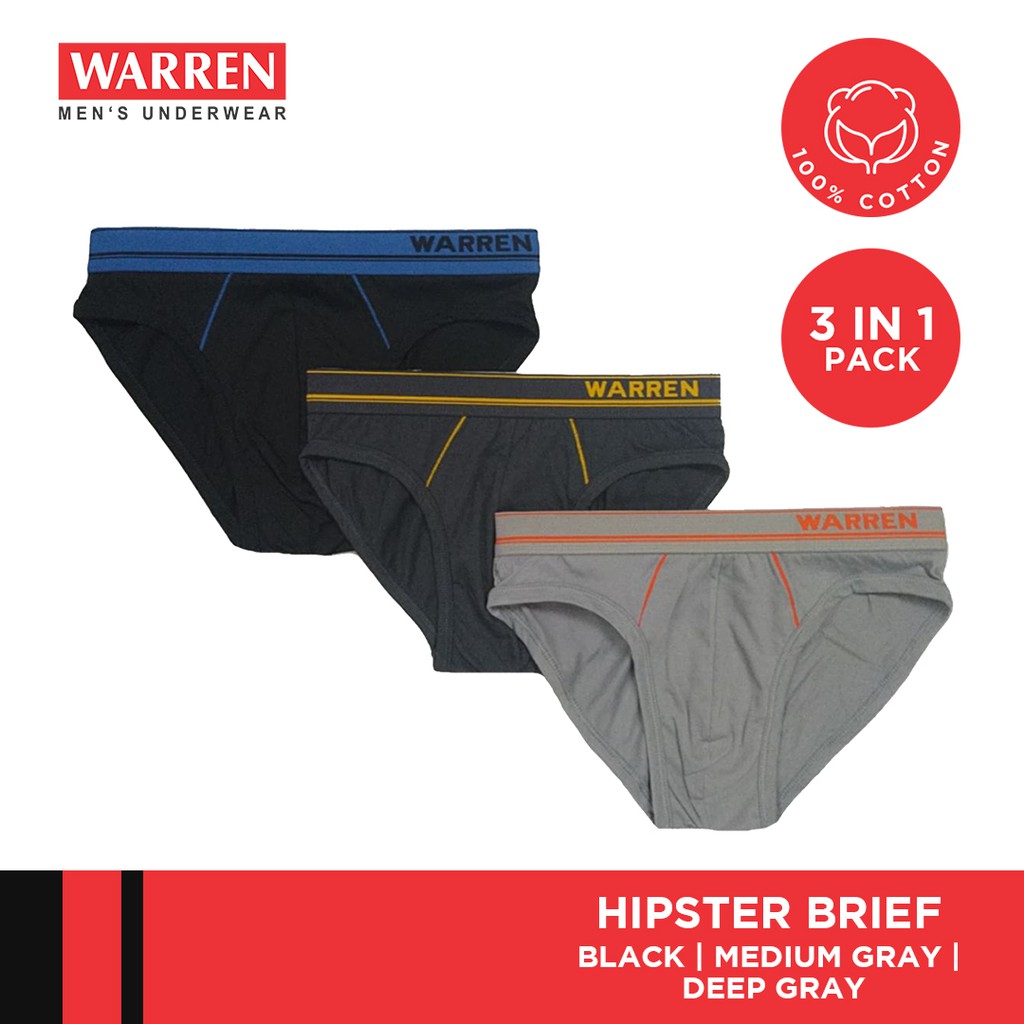 Warren Underwear 3pcs Hipster Brief (Black, Medium Gray and Deep Gray