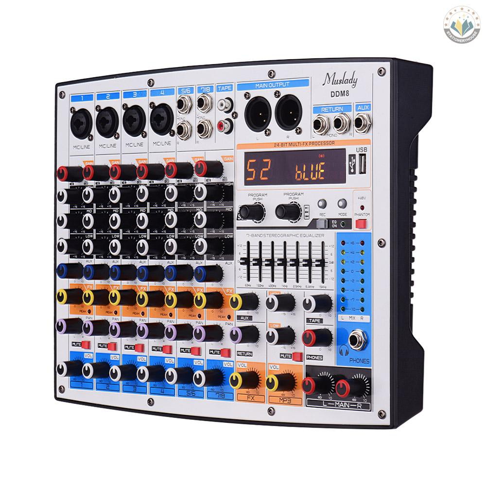 Muslady Audio Mixer Compact 8 Channels Mixer Mixing Console with 99 DSP Effects 7-Band EQ Built-in 48V Phantom Power Supply Support BT Connection 