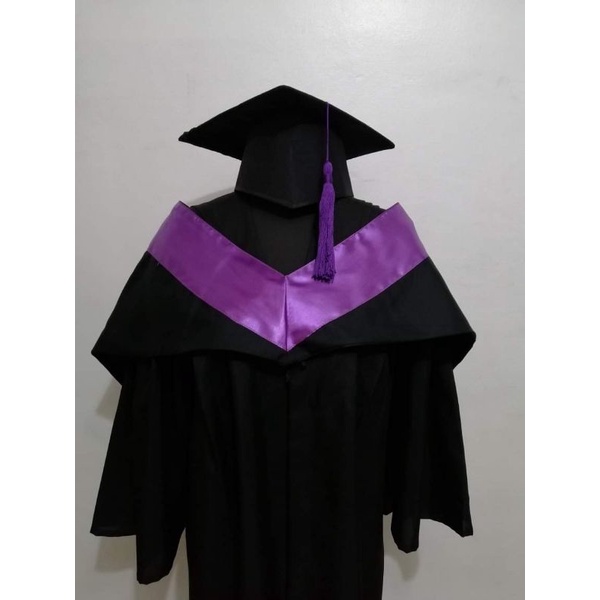 college graduation Toga, purple hood, black cap with purple tussel