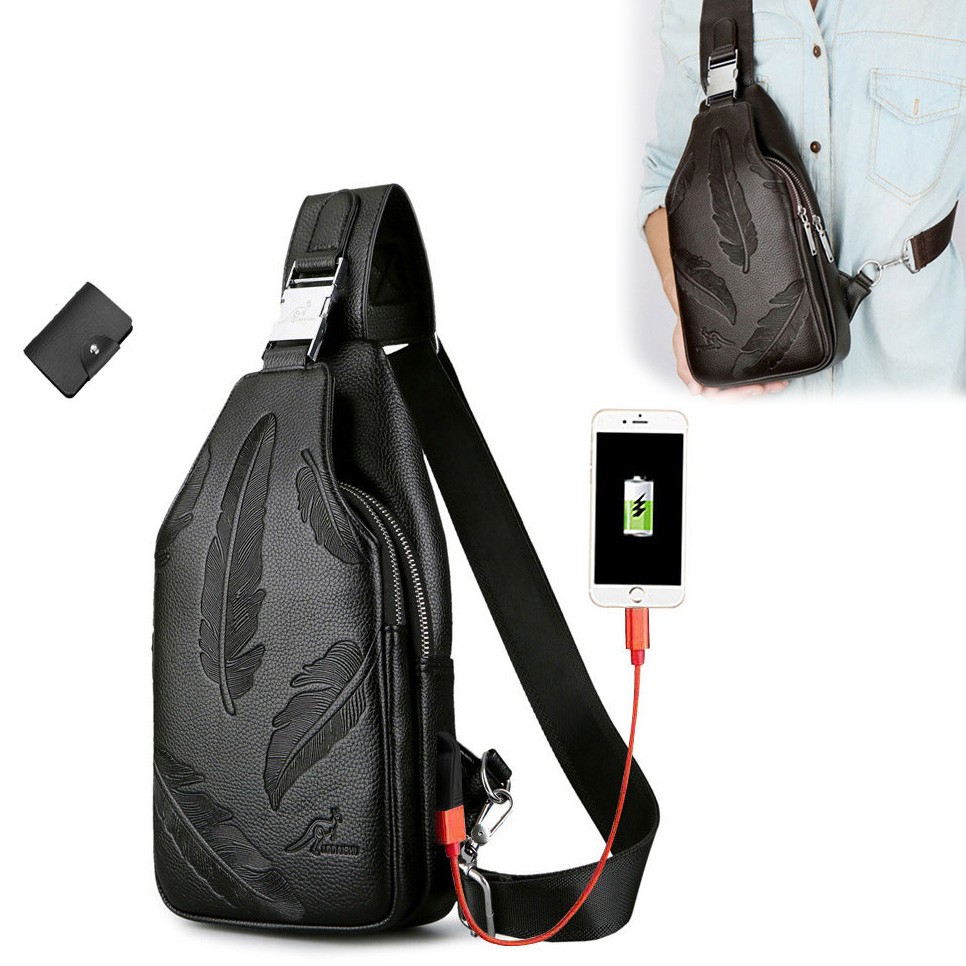 USB charging Men's chest bag shoulder bag messenger bag casual PU soft