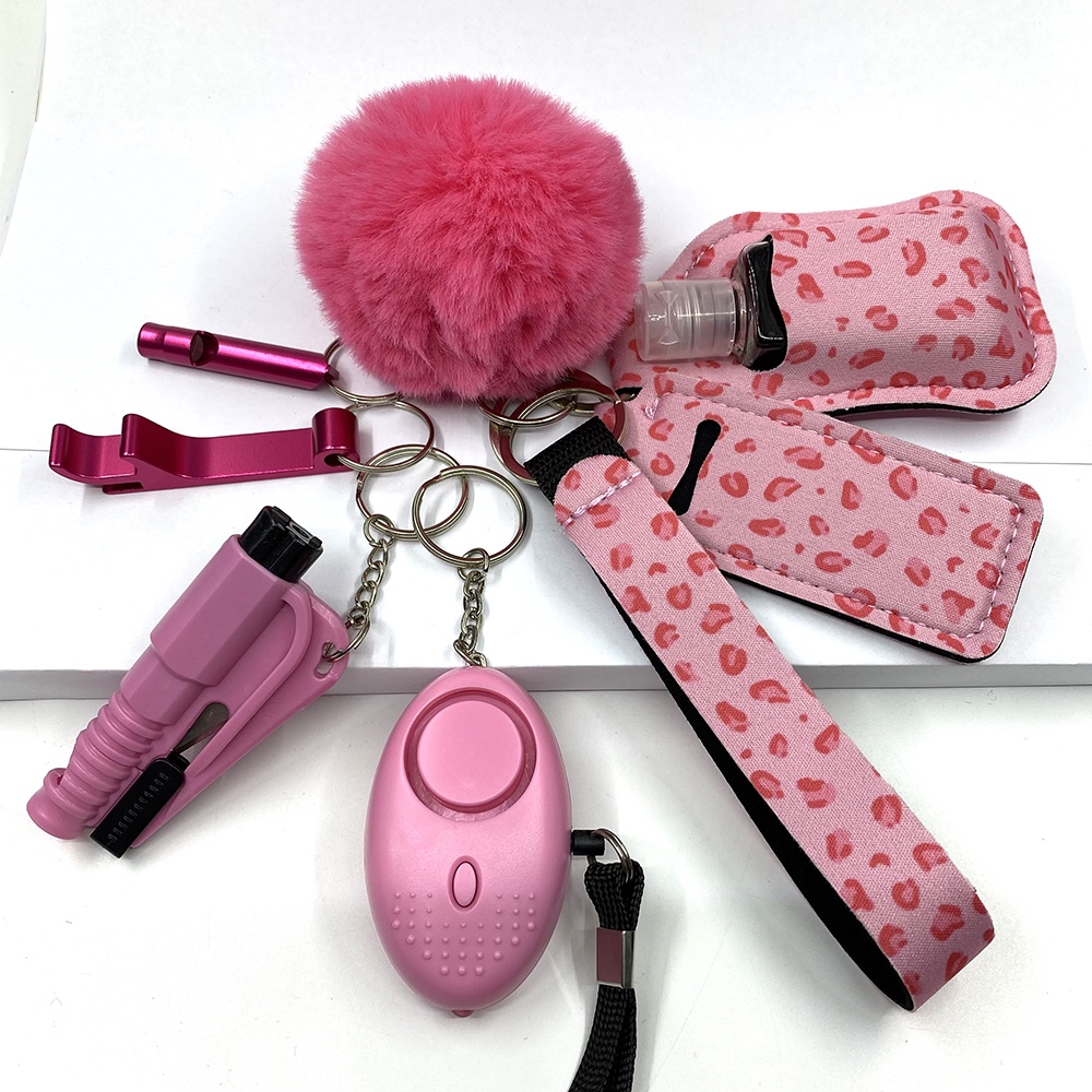 Safety Keychain for Women Set with Chargeable Alarm Pom Pom Window Breaker Wristlet 