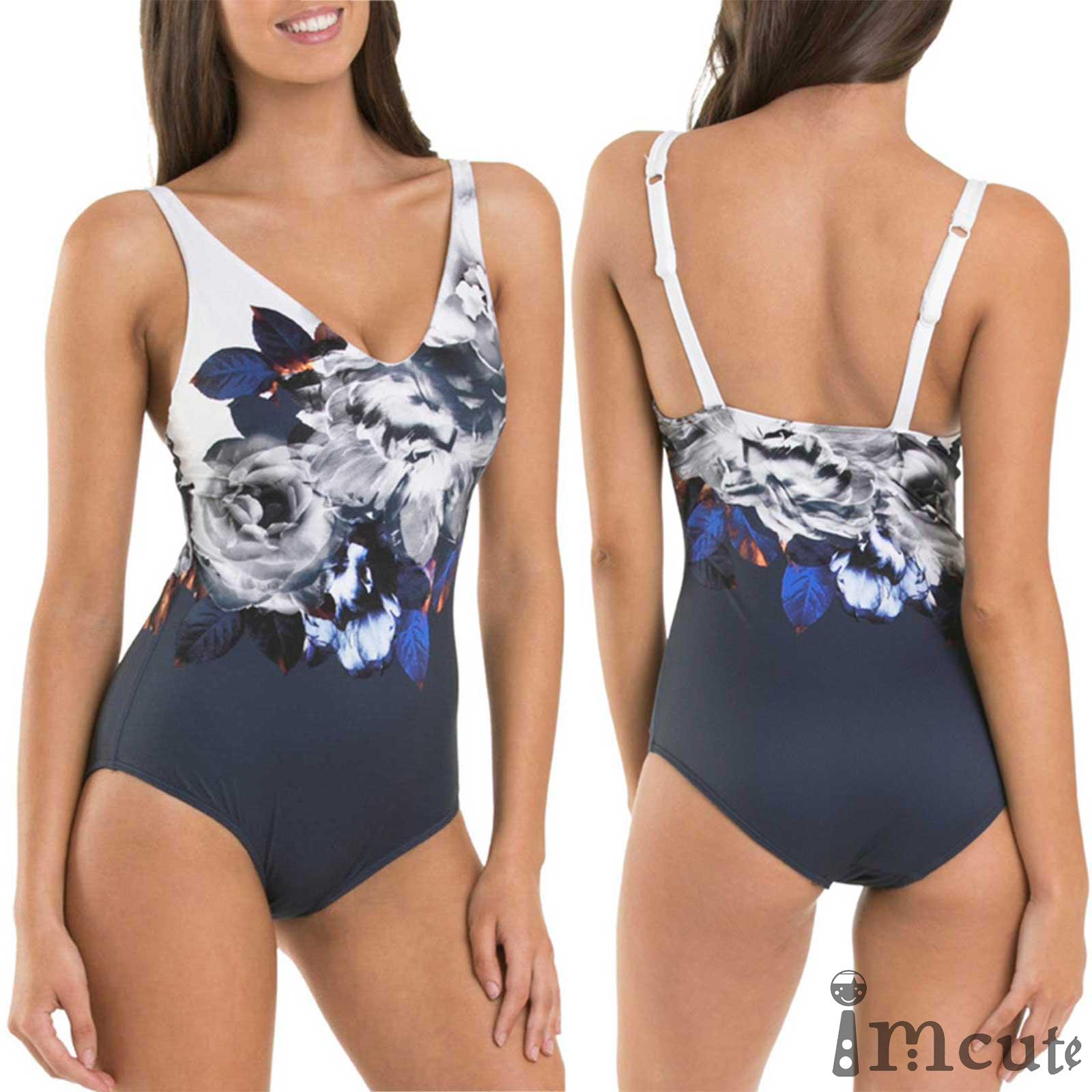 Imcute Women Bathing Suit Floral Print V Neck Sleeveless One Piece Swimwear Navy Blue S M L Xl Shopee Philippines