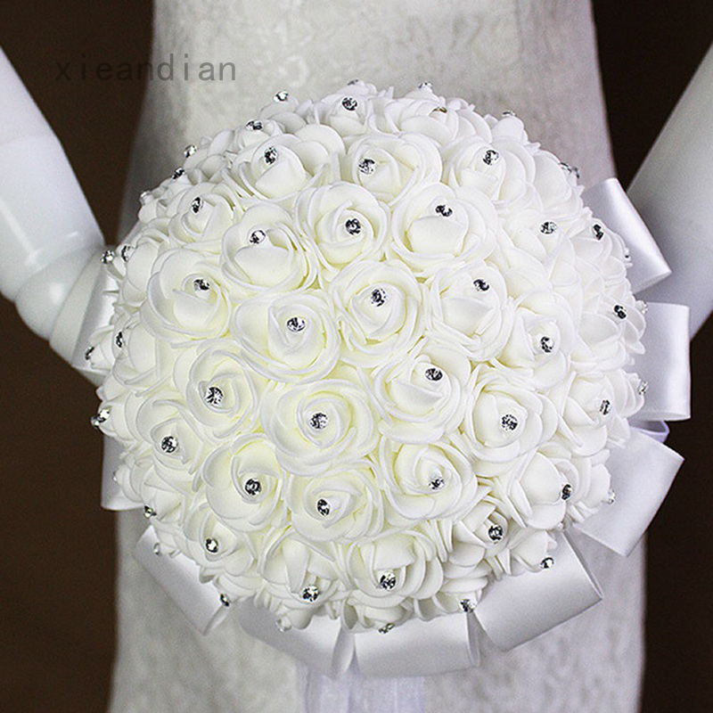 Bridesmaid Wedding Flowers Ivory Rose Crystal Bouquet Bride Flower-Girl Wand 