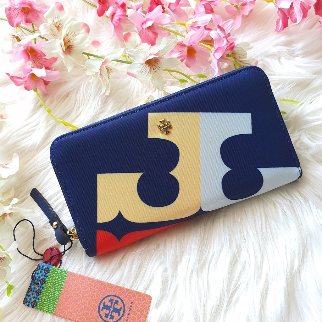 Tory Burch Robinson Zip Continental Wallet in Navy Blue Nylon with Serif-T  Logo Printed Design | Shopee Philippines
