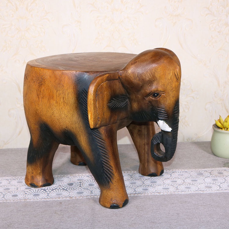 Black AH Wooden Murti Elephant Shape Handpainted Wooden Round Stool